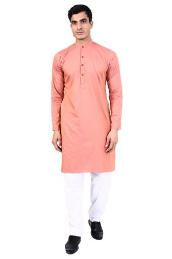 Peach self design mens kurta pyjama set