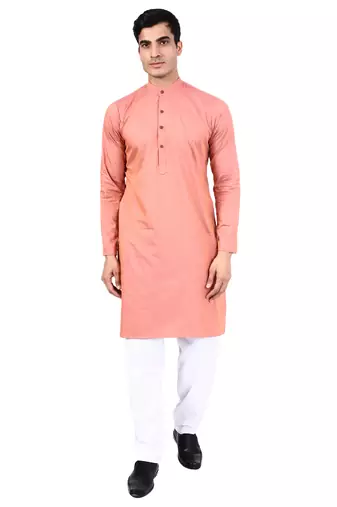 Peach self design mens kurta pyjama set