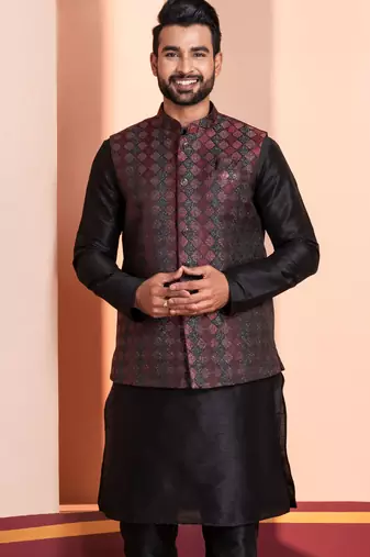  black  silk blend kurta jacket  set for men 