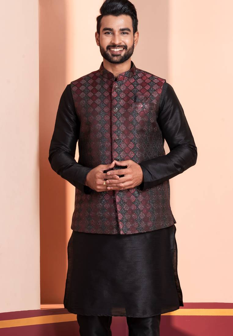  black  silk blend kurta jacket  set for men 