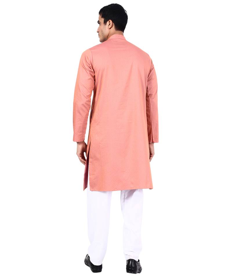 Peach self design mens kurta pyjama set