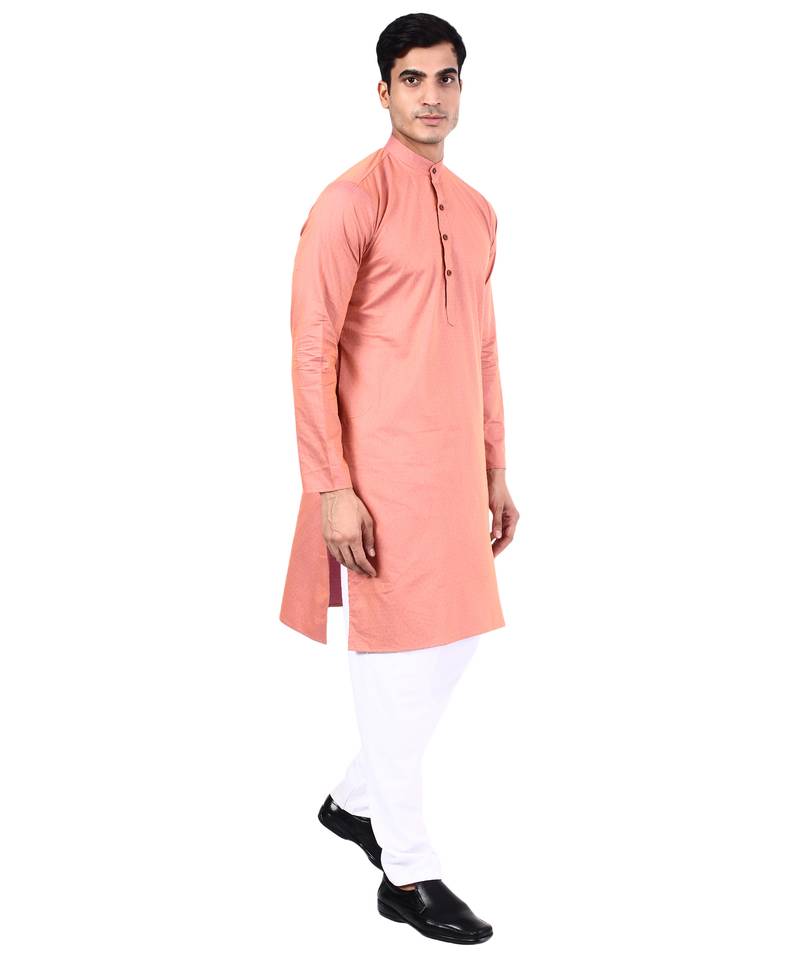 Peach self design mens kurta pyjama set