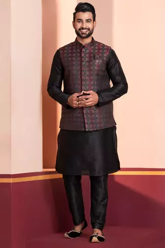  black  silk blend kurta jacket  set for men 
