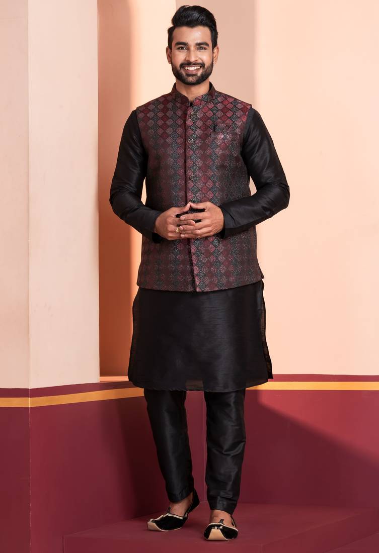  black  silk blend kurta jacket  set for men 