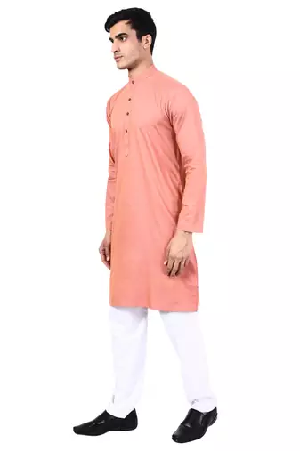 Peach self design mens kurta pyjama set
