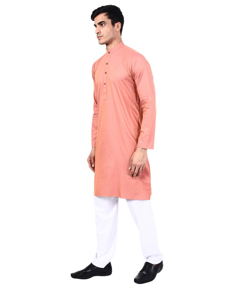 Peach self design mens kurta pyjama set