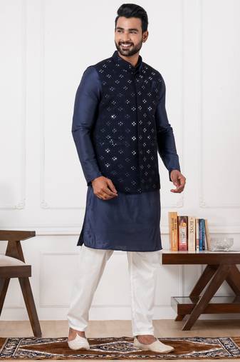blue silk blend kurta jacket  set for men with embroidered work