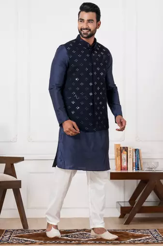 blue silk blend kurta jacket  set for men with embroidered work
