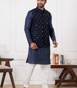 blue silk blend kurta jacket  set for men with embroidered work