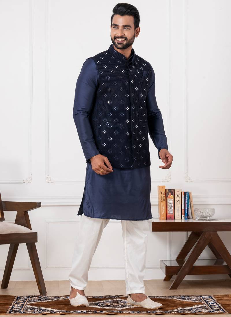 blue silk blend kurta jacket  set for men with embroidered work