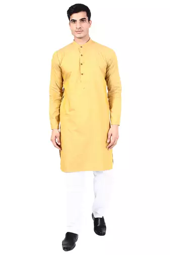 Yellow self design mens kurta pyjama set