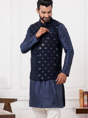 blue silk blend kurta jacket  set for men with embroidered work 2