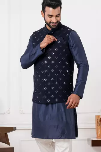 blue silk blend kurta jacket  set for men with embroidered work