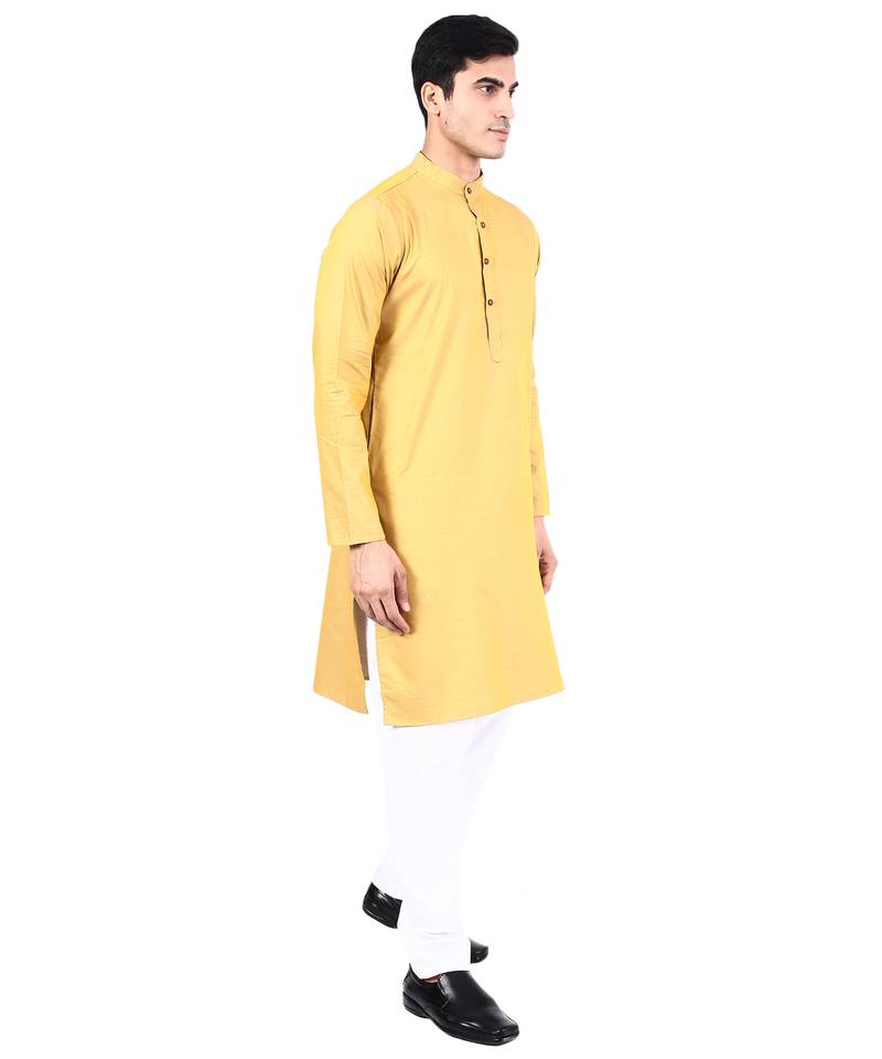 Yellow self design mens kurta pyjama set