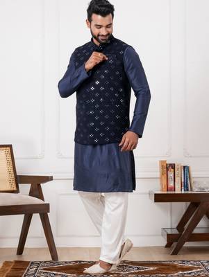 blue silk blend kurta jacket  set for men with embroidered work 3