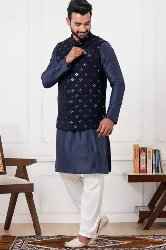 blue silk blend kurta jacket  set for men with embroidered work