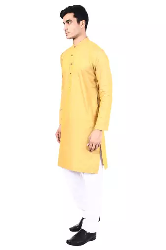 Yellow self design mens kurta pyjama set