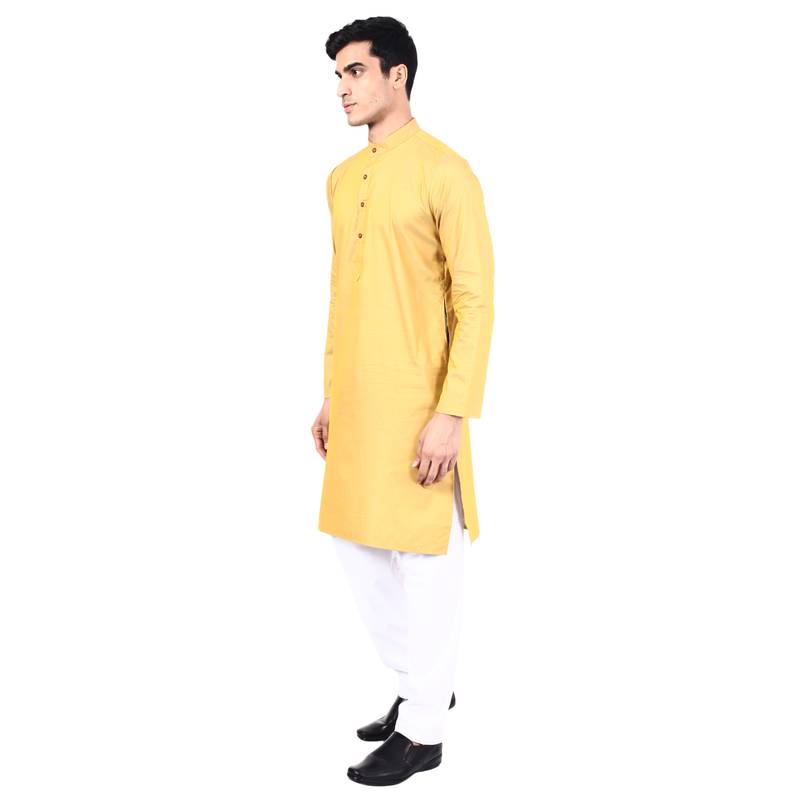 Yellow self design mens kurta pyjama set