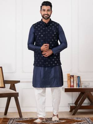 blue silk blend kurta jacket  set for men with embroidered work 4