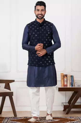 blue silk blend kurta jacket  set for men with embroidered work