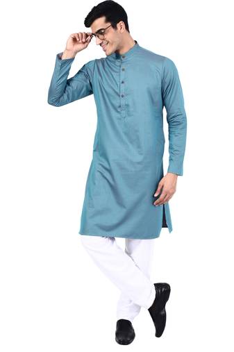 Blue self design mens kurta pyjama set