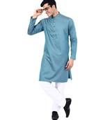 Blue self design mens kurta pyjama set
