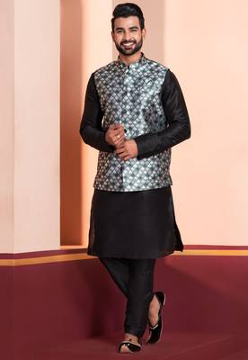  black  silk blend kurta jacket  set for men  1