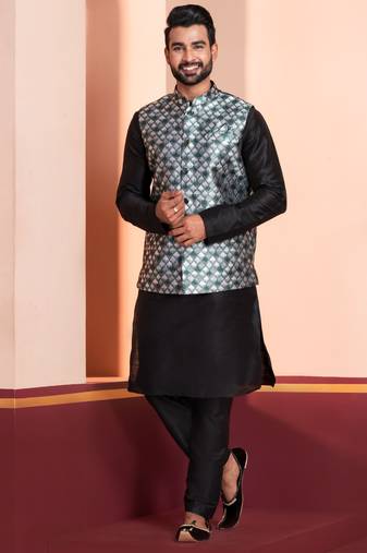  black  silk blend kurta jacket  set for men 