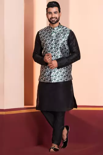  black  silk blend kurta jacket  set for men 
