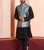  black  silk blend kurta jacket  set for men 
