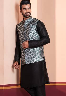 black  silk blend kurta jacket  set for men  2