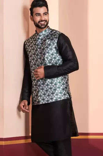  black  silk blend kurta jacket  set for men 