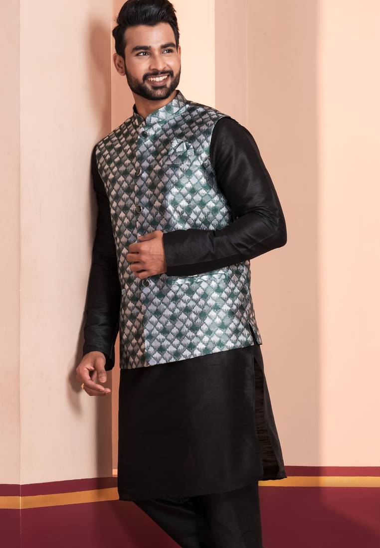 black  silk blend kurta jacket  set for men 