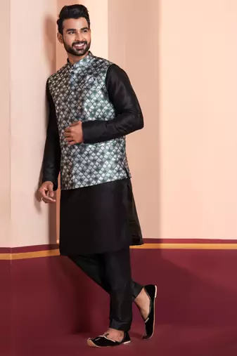  black  silk blend kurta jacket  set for men 