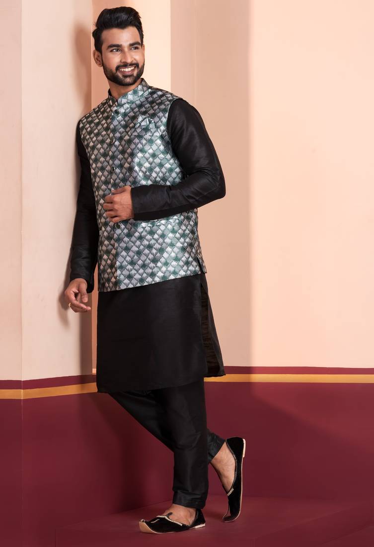  black  silk blend kurta jacket  set for men 