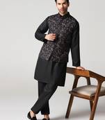 Mens solid kurta pyjama set with leaf printed nehru jacket