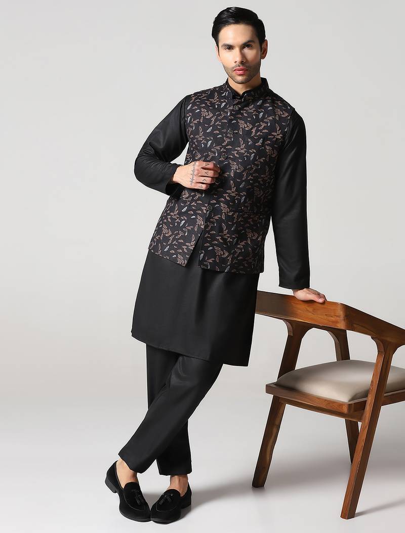 Mens solid kurta pyjama set with leaf printed nehru jacket