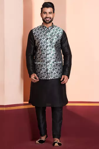  black  silk blend kurta jacket  set for men 