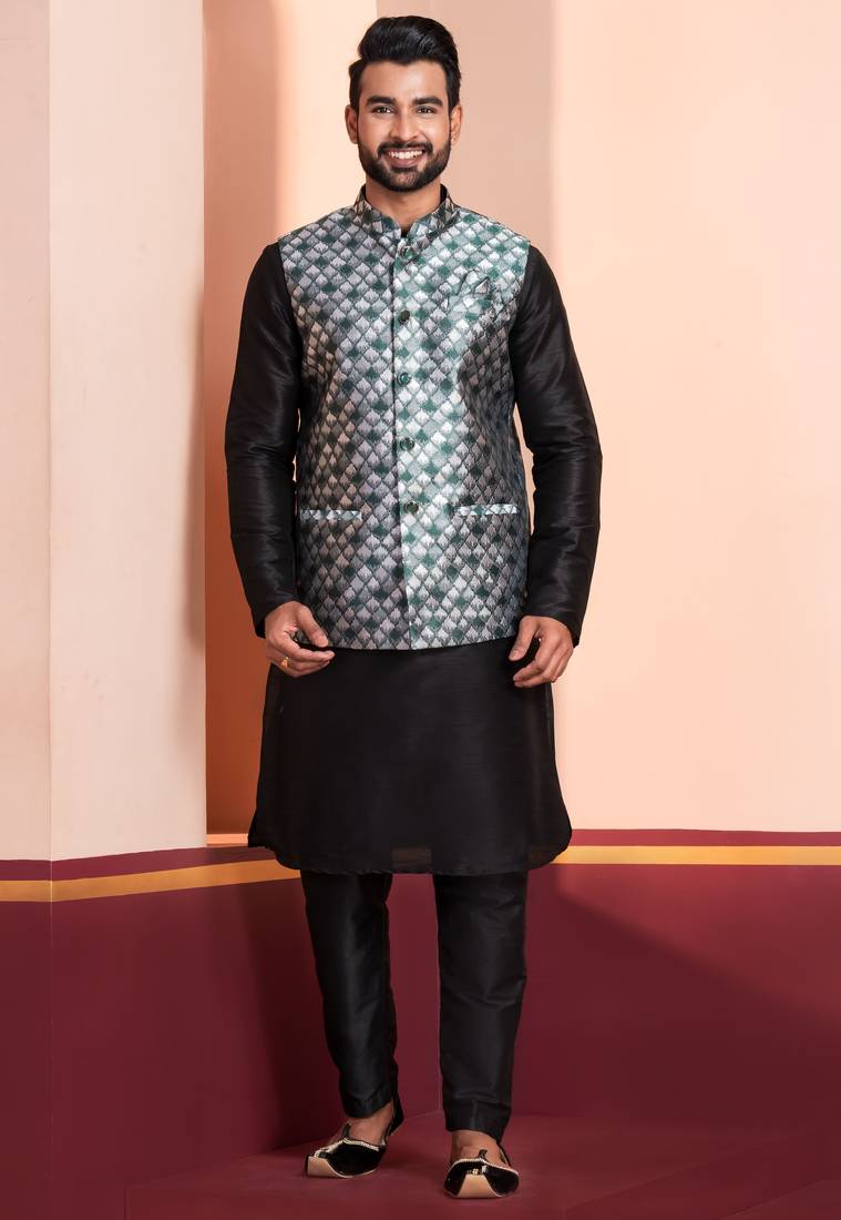  black  silk blend kurta jacket  set for men 