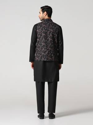 Mens solid kurta pyjama set with leaf printed nehru jacket 2