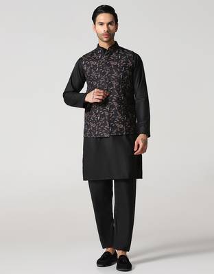 Mens solid kurta pyjama set with leaf printed nehru jacket 3