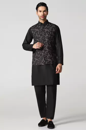 Mens solid kurta pyjama set with leaf printed nehru jacket