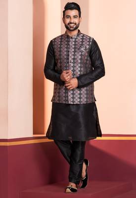  black  silk blend kurta jacket  set for men  1