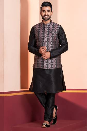  black  silk blend kurta jacket  set for men 