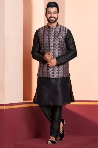  black  silk blend kurta jacket  set for men 