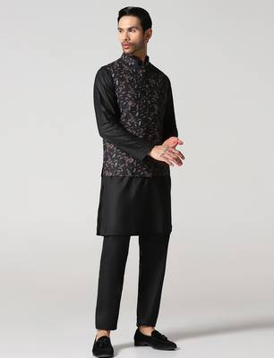 Mens solid kurta pyjama set with leaf printed nehru jacket 5