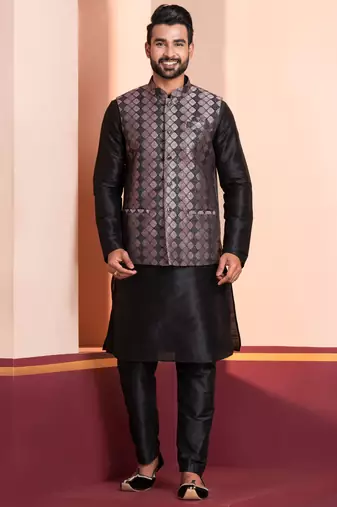  black  silk blend kurta jacket  set for men 