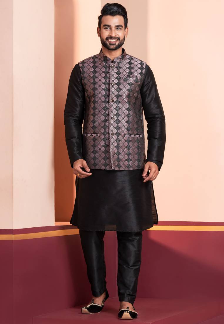  black  silk blend kurta jacket  set for men 