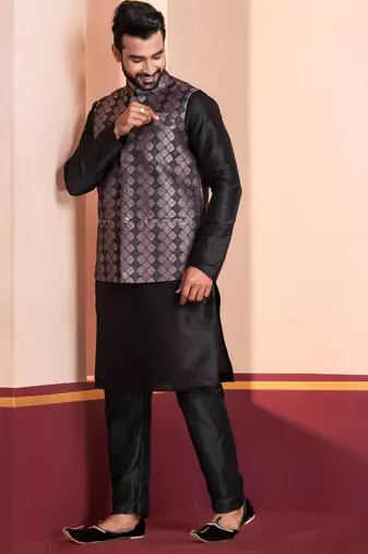  black  silk blend kurta jacket  set for men 
