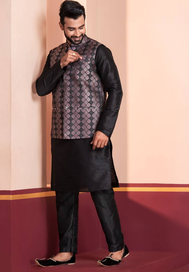  black  silk blend kurta jacket  set for men 